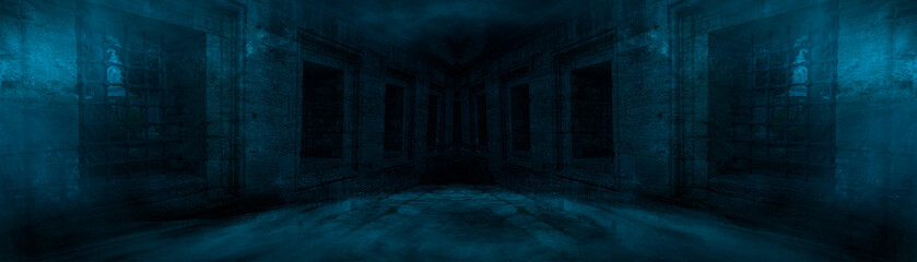 
Fantasy street landscape. Night dark old street, moonlight blue neon. Stone wall, concrete,...