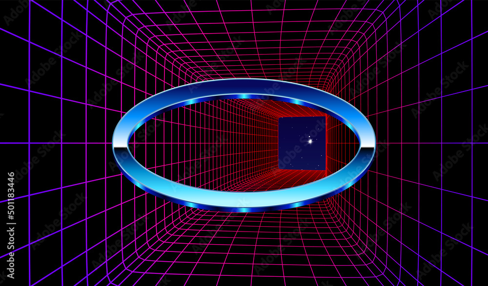 Poster Synthwave frame with chrome ellipse and 80s styled synthwave arcade game landscape.