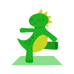 Cute green dragon goes in for sports on special rug. Dinosaur doing yoga and keeping balance. Yoga asanas. Vector illustration. Image for printing in postcards menu clothing stationery posters posters