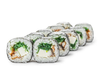 Sushi with vegetables, Asian cuisine. Photo of food on a white background