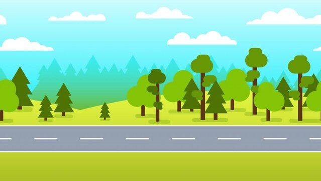Forest road. Highway passing through the green forest. Looped animation