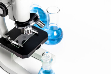 Close up of microscope equipment. Laboratory research concept