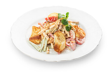 Grilled chicken with vegetables in a plate. Photo of food on a white background