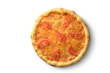 Pizza with tomatoes and cheese, fast food cuisine. Photo of food on a white background