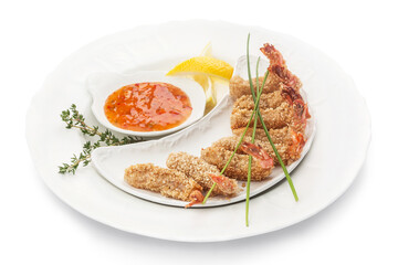 Seafood, shrimp in a plate. Photo of food on a white background