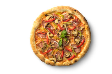 Pizza with meat and cheese, fast food cuisine. Photo of food on a white background