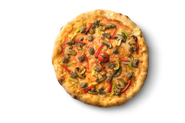 Pizza with mushrooms, fast food cuisine. Photo of food on a white background