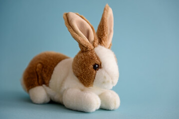 Soft toy rabbit on a blue background.