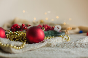 New Year's toys on the background of a luminous garland