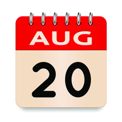 20 day of the month. August. Flip old formal calendar. 3d daily icon. Date. Week Sunday, Monday, Tuesday, Wednesday, Thursday, Friday, Saturday. Cut paper. White background. Vector illustration.