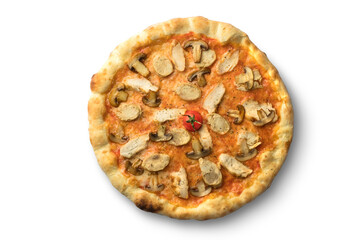 Pizza with meat and cheese, fast food cuisine. Photo of food on a white background