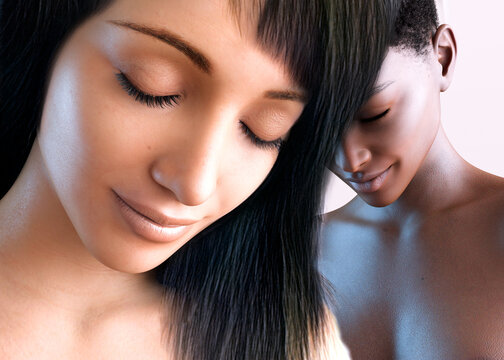 3D illustration. Not real people, Mixed race same sex female couple. Closeup portrait