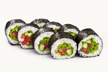 Sushi with vegetables, Asian cuisine. Photo of food on a white background