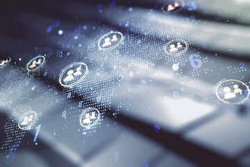 Double exposure of social network icons hologram and world map on blurry metal background. Marketing and promotion concept