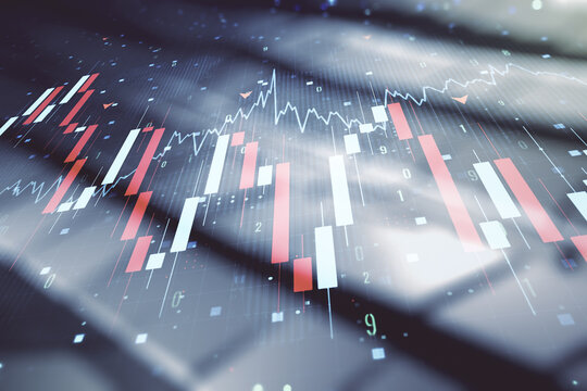 Abstract virtual global crisis chart and world map sketch on shiny metal background, falling markets and collapse of global economy concept. Double exposure