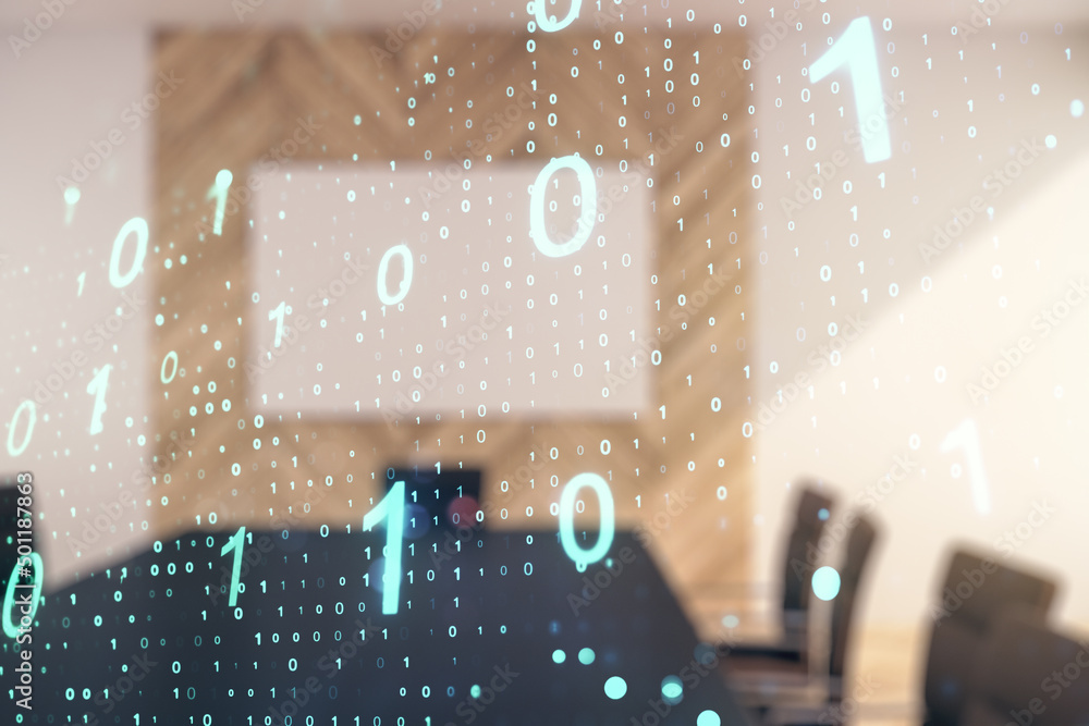 Poster abstract virtual binary code sketch on a modern boardroom background, hacking and matrix concept. mu