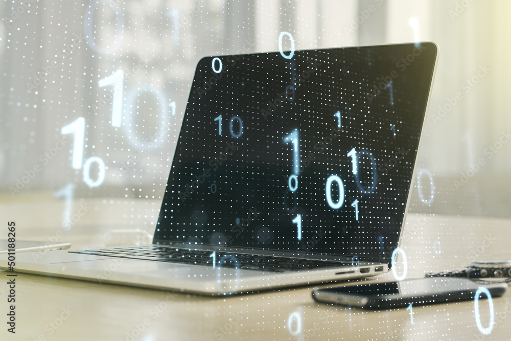 Poster creative abstract binary code sketch on modern laptop background, hacking and matrix concept. multie