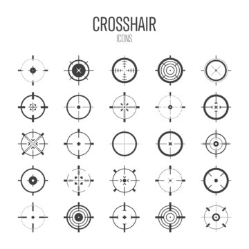 Crosshair, Gun Sight Vector Icons. Bullseye, Black Target Or Aim Symbol. Military Rifle Scope, Shooting Mark Sign. Targeting, Aiming For A Shot. Archery, Hunting And Sports Shooting. Game UI Element.