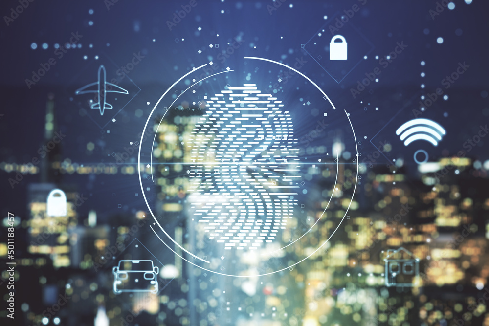 Poster multi exposure of virtual fingerprint scan interface on blurry office buildings background, digital 