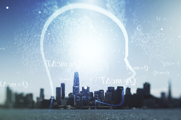 Fototapeta na wymiar Abstract virtual artificial Intelligence interface with human head hologram on San Francisco skyline background. Multiexposure