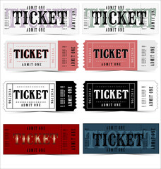Ticket templates, white, black, red, blue color. Used for web design, banners, posters, illustrations.