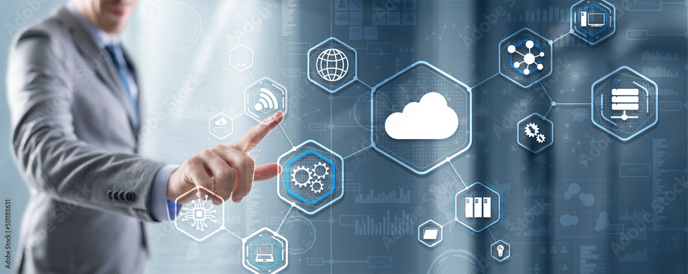Aufkleber man clicks icon cloud computing technology internet storage network concept