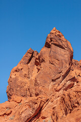 Fototapeta premium Overton, Nevada, USA - February 24, 2010: Valley of Fire. Portrait closeup of flame-shaped red rocks against blue sky.