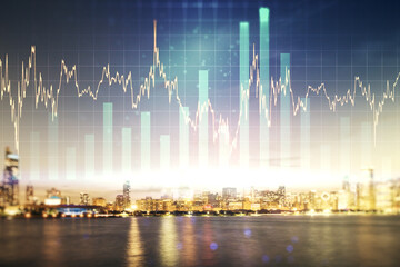 Double exposure of abstract creative financial chart hologram on Chicago skyscrapers background, research and strategy concept