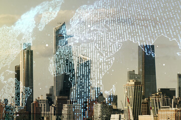 Multi exposure of abstract creative digital world map hologram on New York city skyscrapers background, research and analytics concept