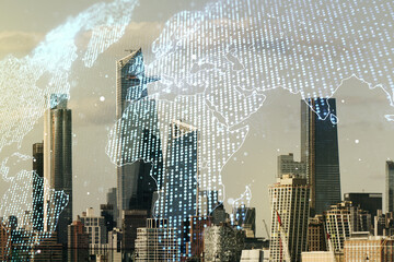Multi exposure of abstract creative digital world map hologram on New York city skyscrapers...