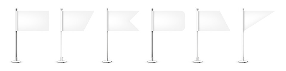 Realistic various table flags on a chrome steel pole. Blank white desk flag made of paper or fabric. Shiny metal stand. Mockup for promotion and advertising. Vector illustration © 32 pixels