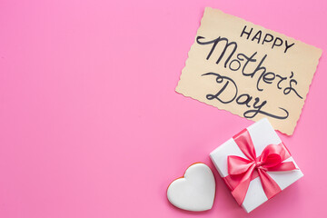 Flatlay of Happy Mothers day greeting card and gift box