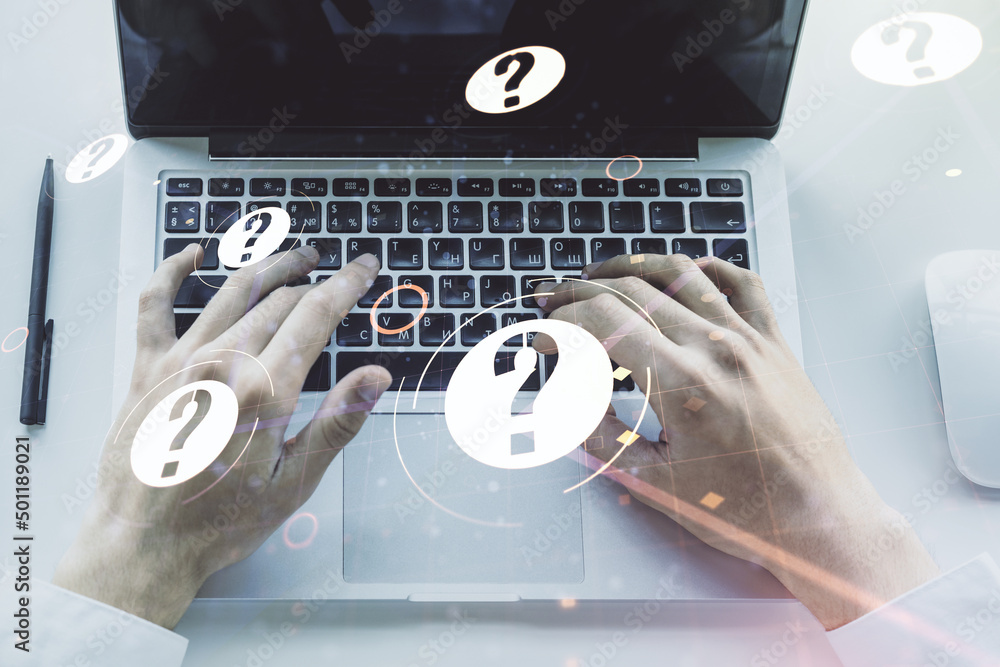 Poster creative abstract question mark hologram and hands typing on computer keyboard on background, future