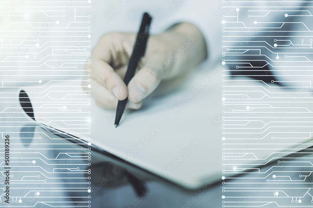 Poster creative concept of microscheme illustration and man hand writing in notebook on background. big dat