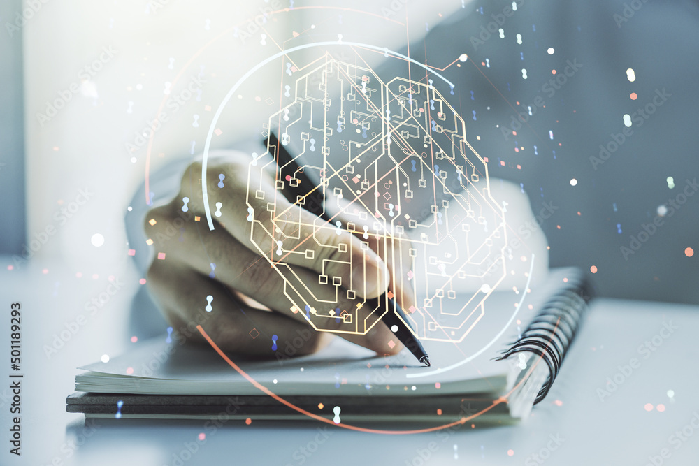 Poster double exposure of creative artificial intelligence symbol with man hand writing in notebook on back