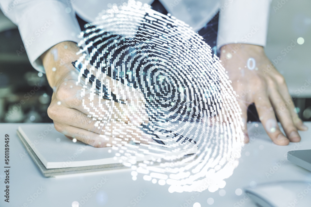 Aufkleber Multi exposure of abstract graphic fingerprint sketch with hand writing in diary on background with laptop, fingerprint scan data concept