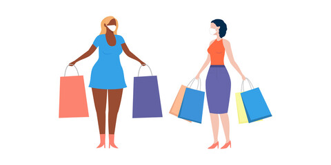 women in masks with packages are shopping. Flat vector. 
