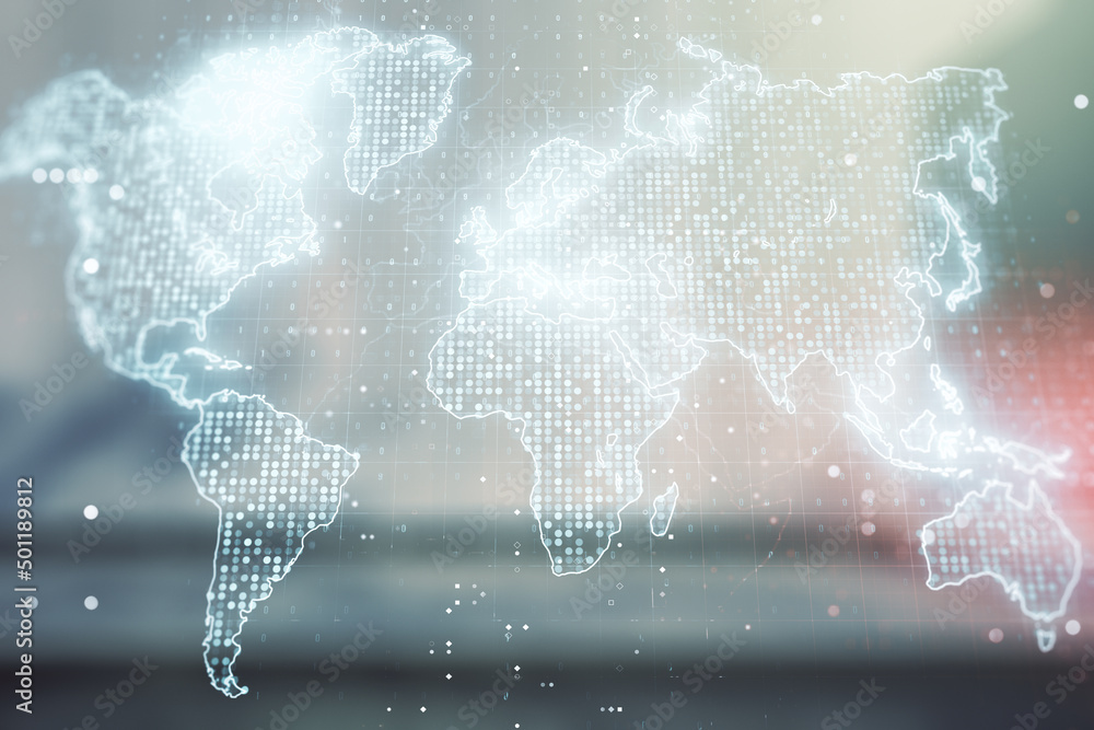 Poster Multi exposure of abstract graphic world map on blurry contemporary office building background, big data and networking concept