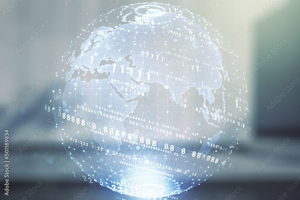 Poster abstract virtual coding concept and world map hologram on blurry modern office building background. 