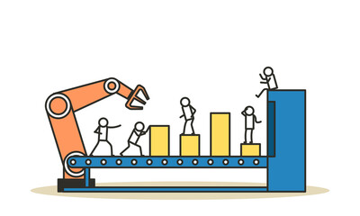 Vector business industry robot factory concept illustration future production process with infographic chart and people. Smart revolution technology machine conveyor line. Robotic system control goods