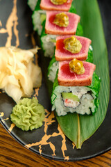 A set of fresh sushi rolls with salmon