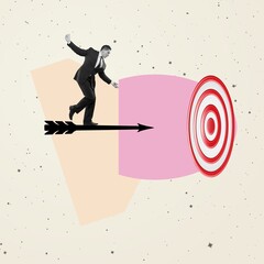 Man standing on arrow flying to target. Creative design. Motivated and joyful concept.
