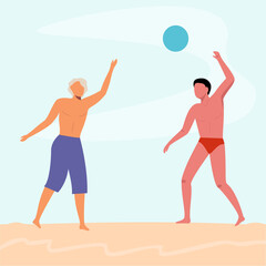Cartoon men play volleyball on the beach. Flat vector illustration. .
