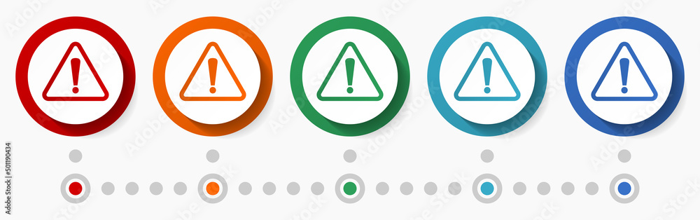 Poster Exclamation sign concept vector icon set, infographic template, flat design colorful web buttons in 5 color options