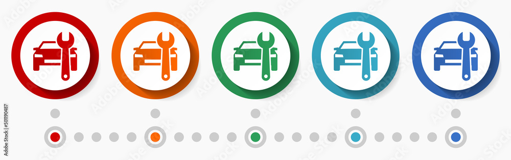 Poster Car service, diagnostics concept vector icon set, infographic template, flat design circle colorful web buttons in 5 color options