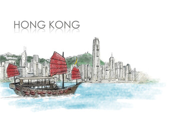 Hong Kong bay China HAND DRAWING SKETCH PANORAMA POSTER LEAFLET