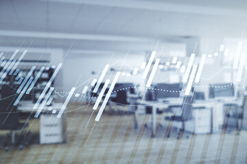 Multi exposure of virtual abstract financial graph interface on a modern furnished classroom background, financial and trading concept