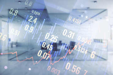 Multi exposure of abstract virtual financial graph hologram on a modern furnished office background, forex and investment concept