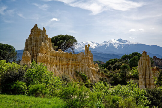 Les orgues d'Ille-sur-T&ecirc;t avec en toile de fond le Canigou