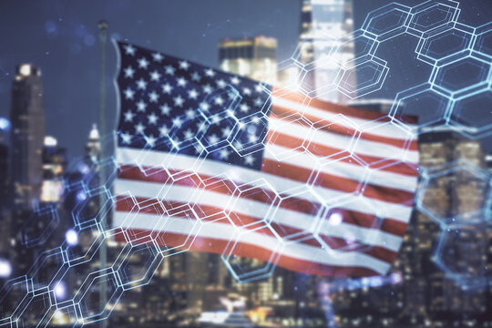 Double exposure of abstract virtual technology hologram with hexagon on USA flag and blurry skyscrapers background. Research and development software concept